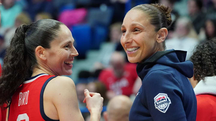 Jan 27, 2020; Hartford, Connecticut, USA; 2020 USA Womens National Team guard Sue Bird (6) (left) and guard Diana Taurasi (12) on the sideline as they take on the UConn Huskies in the second half at XL Center. Team USA defeated UConn 79-64.  Mandatory Credit: David Butler II-Imagn Images