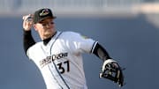 Cleveland Guardians top prospect Travis Bazzana warms up before the start of Akron RubberDucks home opener against Altoona Curve. Tuesday, April 08, 2025.