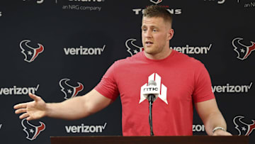 Jun 11, 2019; Houston, TX, USA; Houston Texans defensive end JJ Watt (99) talks to the media during a press conference in the media room at NRG Stadium. Mandatory Credit: Thomas B. Shea-Imagn Images