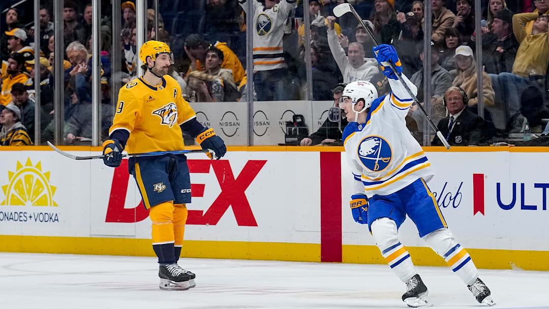 Nashville Predators forward Filip Forsberg and Buffalo Sabres forward Peyton Krebs Nashville Predators forward Filip Forsberg and Buffalo Sabres forward Peyton Krebs