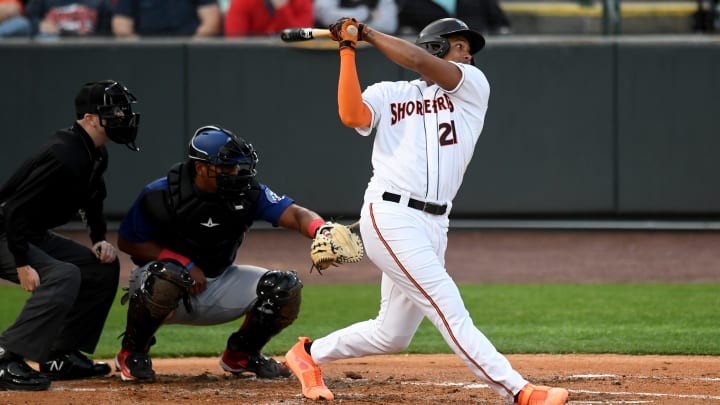 Shorebirds' Samuel Basallo (21) swings in the game against the Cannon Ballers Tuesday, April 11, 2023, at Perdue Stadium in Salisbury, Maryland. The Shorebirds defeated the Cannon Ballers 7-2.