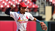 Aug 28, 2025; St. Louis, Missouri, USA; St. Louis Cardinals shortstop Masyn Winn (0) throws to first base in a game against the Pittsburgh Pirates at Busch Stadium. Mandatory Credit: Tim Vizer-Imagn Images