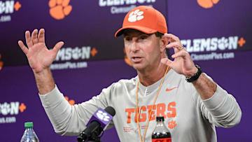 Clemson football head coach Dabo Swinney talks with media before the first football practice at the Allen N. Reeves Football Complex at Clemson University in Clemson, S.C. Friday, February 28, 2025.