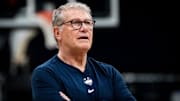 Connecticut Huskies Head Coach Geno Auriemma watches practice at Amalie Arena in Tampa, Florida, Thursday, April 3, 2025 ahead of their Final Four match-up against the UCLA Bruins on Friday.