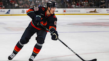 Coachella Valley forward Jani Nyman (12) advances the puck during the first period of Game 2 of the Pacific Division Finals at Acrisure Arena in Palm Desert, Calif., Friday, May 17, 2024.