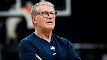 Connecticut Huskies Head Coach Geno Auriemma watches practice at Amalie Arena in Tampa, Florida, Thursday, April 3, 2025 ahead of their Final Four match-up against the UCLA Bruins on Friday.