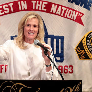 Heather Lyke, Athletic Director of Pitt University speaks at the Pro Football Hall of Fame Luncheon Club at Tozzi's on 12th Monday , February 28, 2022.

Heather Lyke Hof Luncheon Club