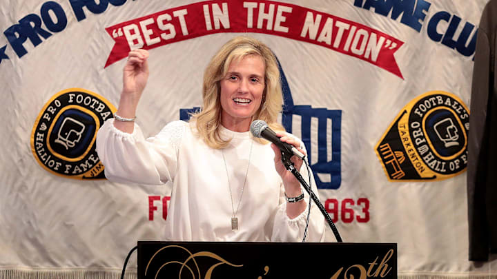 Heather Lyke, Athletic Director of Pitt University speaks at the Pro Football Hall of Fame Luncheon Club at Tozzi's on 12th Monday , February 28, 2022.

Heather Lyke Hof Luncheon Club