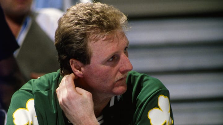 Jan 17, 1990; Orlando, FL, USA; FILE PHOTO; Boston Celtics forward Larry Bird (33) on the bench against the Orlando Magic at the Orlando Arena. Mandatory Credit: Imagn Images Jan 17, 1990; Orlando, FL, USA; FILE PHOTO; Boston Celtics forward Larry Bird (33) on the bench against the Orlando Magic at the Orlando Arena. Mandatory Credit: Imagn Images