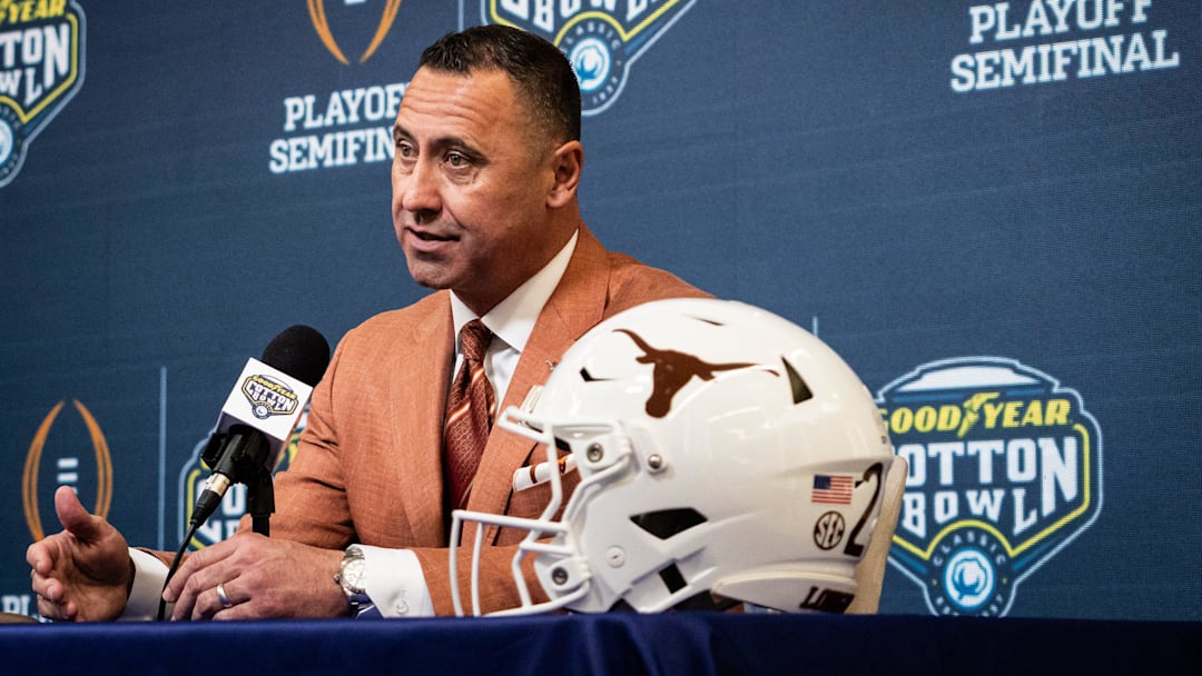 Texas Longhorns Head Coach Steve Sarkisian speaks during the Coaches' Press Conference at AT&T Stadium, Jan. 9, 2024. Both coaches answered questions from the media during the conference, and will face each other in the Cotton Bowl College Football Playoff semi-final game on Friday.