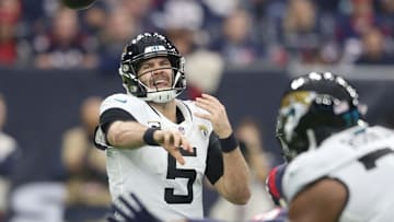 Dec 30, 2018; Houston, TX, USA; Jacksonville Jaguars quarterback Blake Bortles (5) passes against the Houston Texans in the second half at NRG Stadium. Mandatory Credit: Thomas B. Shea-Imagn Images