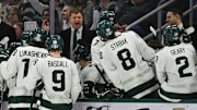 MSU hockey coach Adam Nightingale coaches his Spartans, Saturday, March 22, 2025, during the third period of the Big 10 Hockey final at Munn Ice Arena. MSU won 4-3 in double overtime.