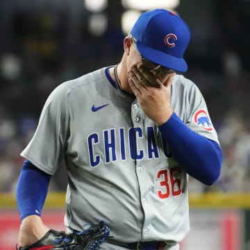 Chicago Cubs pitcher Jordan Wicks (36) leaves the game against the Arizona Diamondbacks in the fifth inning at Chase Field in Phoenix on April 17, 2024.