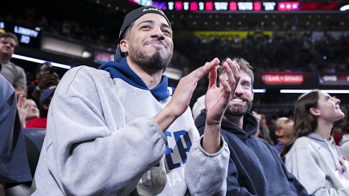 Indiana Pacers guard Tyrese Haliburton is introduced during a game between the Indiana Fever and the New York Liberty at Gainbridge Fieldhouse. 