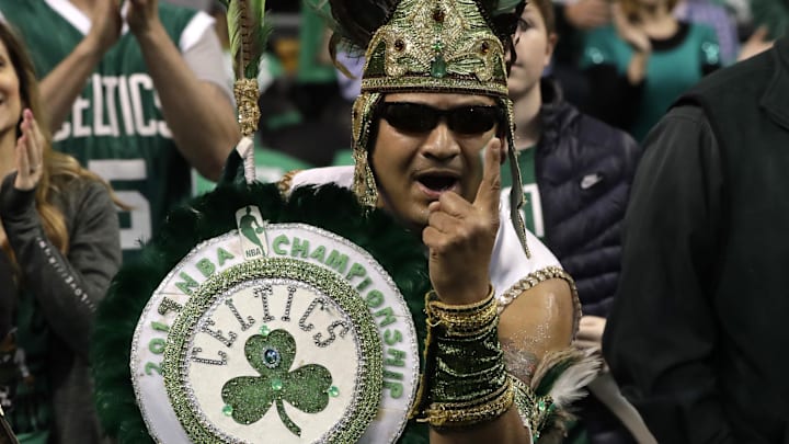  A Boston Celtics fan reacts to the camera before the start of the game against the Washington Wizards in Game 5 of the second round of the 2017 NBA Playoffs at TD Garden.