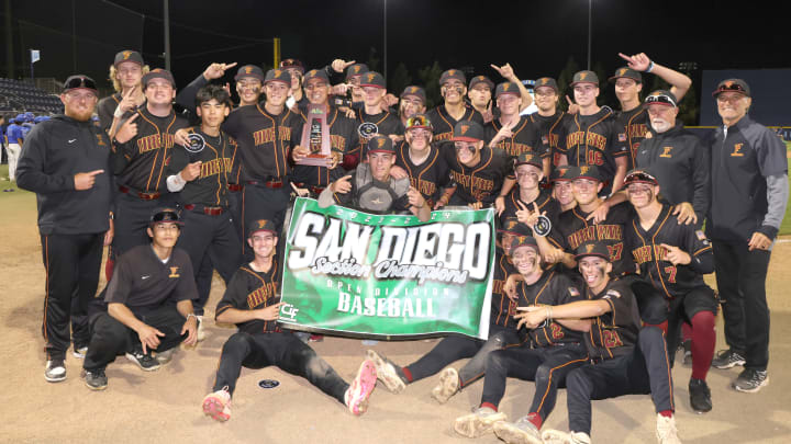 Torrey Pines poses for a group photo following their victory in the 2024 San Diego Section Open Division baseball championship game