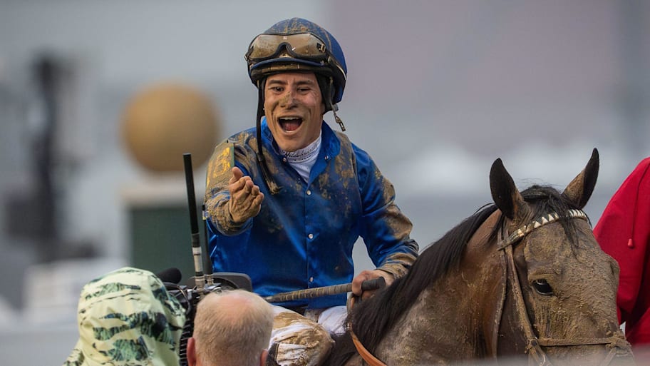 Jockey Junior Alvarado has won his first Belmont Stakes aboard Sovereignty. | Jeff Faughender/Courier Journal / USA TODAY NETWORK via Imagn Images