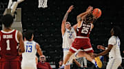 Jeremy Dent-Smith, 25, of Stanford shoots over Robbie Avila, 21, of St. Louis University in the Acrisure Invitational Champioship game at Acrisure Arena in Palm Desert, Calif., Nov. 28, 2025.