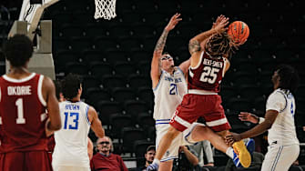 Jeremy Dent-Smith, 25, of Stanford shoots over Robbie Avila, 21, of St. Louis University in the Acrisure Invitational Champioship game at Acrisure Arena in Palm Desert, Calif., Nov. 28, 2025.