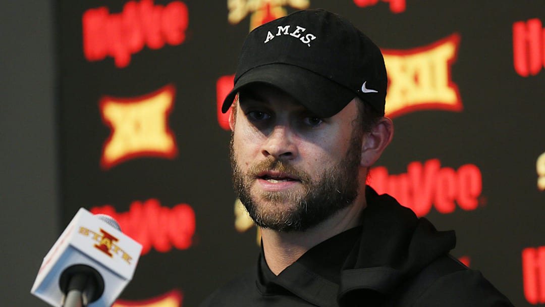 Former Iowa State Cyclones offensive coordinator Taylor Mouser talks to the media at Stark Performance Center.