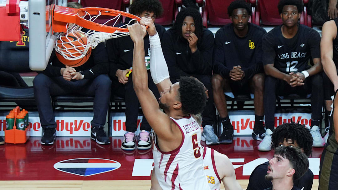 Iowa State Cyclones forward Joshua Jefferson (5) dunks the ball against Long Beach State during the first half in the NCAA men’s basketball on Dec. 21, 2025, at Hilton Coliseum in Ames, Iowa.