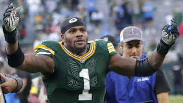 Sep 7, 2025; Green Bay, Wisconsin, USA; Green Bay Packers defensive end Micah Parsons (1) celebrates after their win against the Detroit Lions at Lambeau Field. Mandatory Credit: Mark Hoffman-USA TODAY Network via Imagn Images