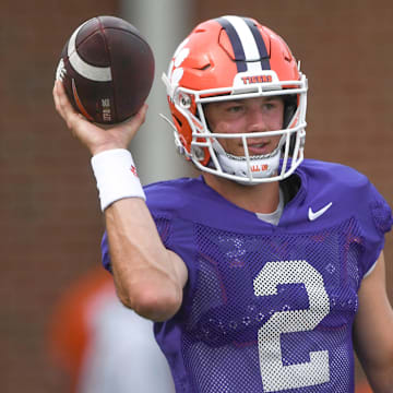 Clemson quarterback Cade Klubnik (2) passes during Spring Practice in Clemson, S.C. Monday, March 24, 2025.