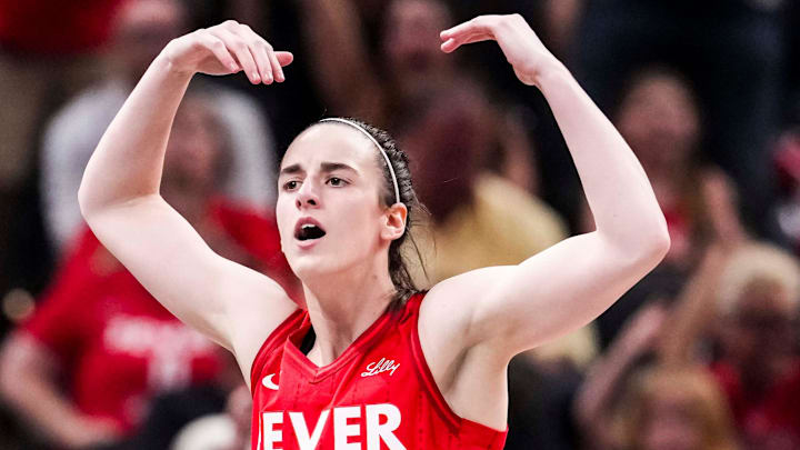 Indiana Fever guard Caitlin Clark (22) gets the crowd excited Saturday, May 17, 2025, during a game between the Indiana Fever and the Chicago Sky at Gainbridge Fieldhouse in Indianapolis. The Indiana Fever defeated the Chicago Sky, 93-58.