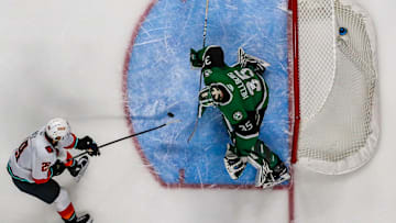Coachella Valley forward Lleyton Roed scores the game-winning goal past Texas goalie Magnus Hellberg during the third period of their game at Acrisure Arena in Palm Desert, Calif., Thursday, Dec. 5, 2024.