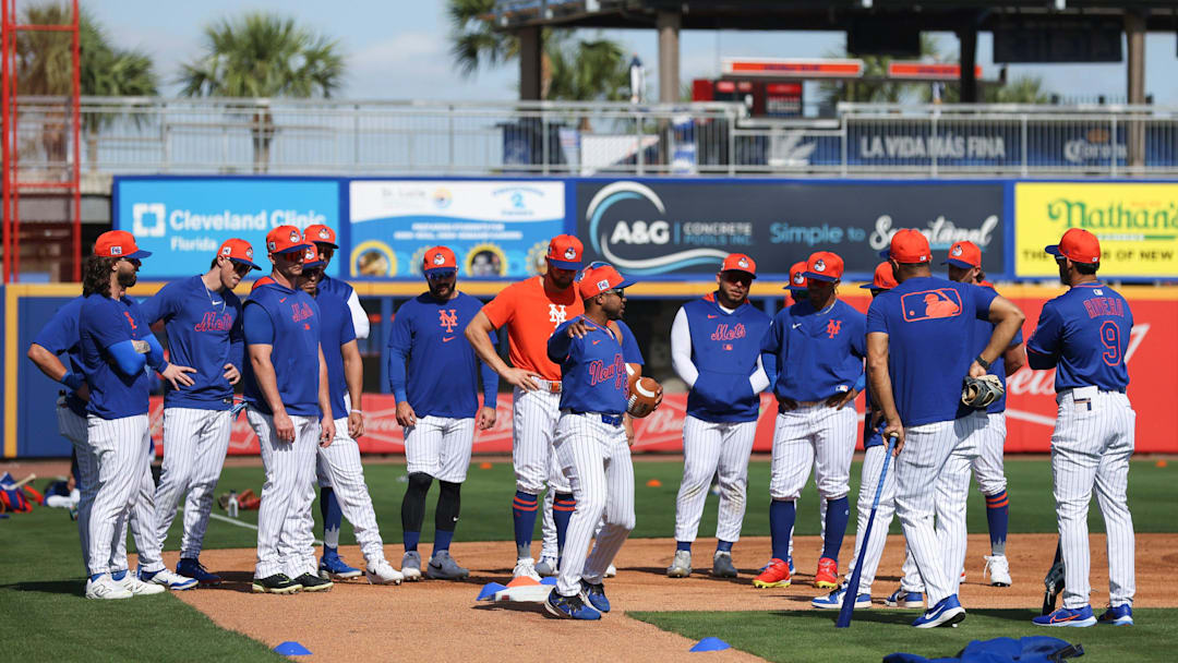 The New York Mets report to first day of full-squad workout during Spring Training at Clover Park on Monday, Feb. 17, 2025, in Port St. Lucie.