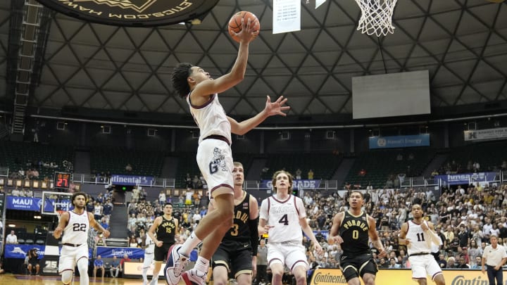 Ryan Nembhard goes up for a layup during Gonzaga's 73-63 loss to Purdue in the 2023 Maui Invitational.