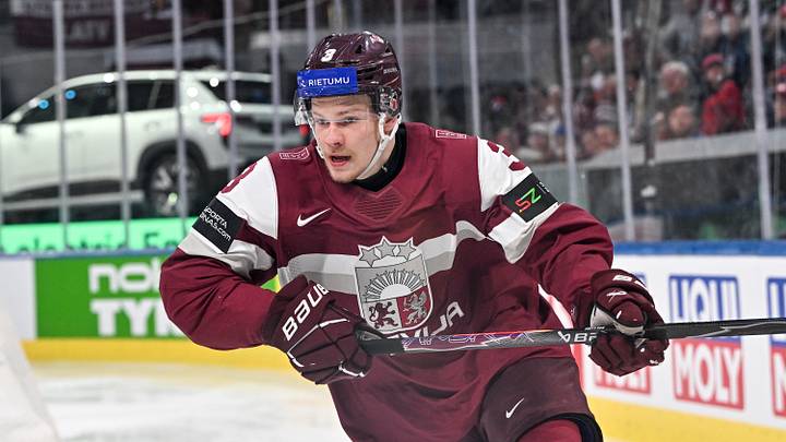 ZURICH, SWITZERLAND - MAY 21: Alberts Smits of Latvia in action during the 2026 IIHF Ice Hockey World Championship Switzerland game between Latvia and Finland at Swiss Life Arena on May 21, 2026 in Zurich, Zurich. (Photo by Andrea Branca/Eurasia Sport Images/Getty Images)