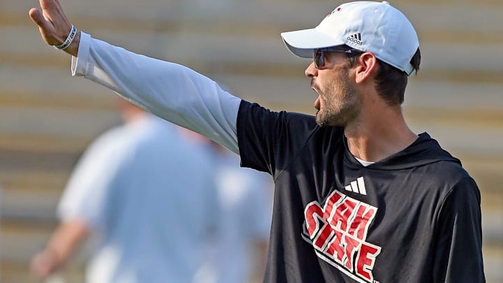 Jacksonville State Offensive Coordinator Clint Trickett gives instructions during spring football action in Jacksonville, Alabama April 17, 2025. (Dave Hyatt / Hyatt Media LLC)