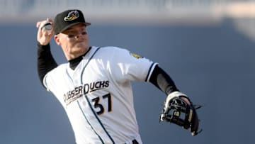 Cleveland Guardians top prospect Travis Bazzana warms up before the start of Akron RubberDucks home opener against Altoona Curve. Tuesday, April 08, 2025.