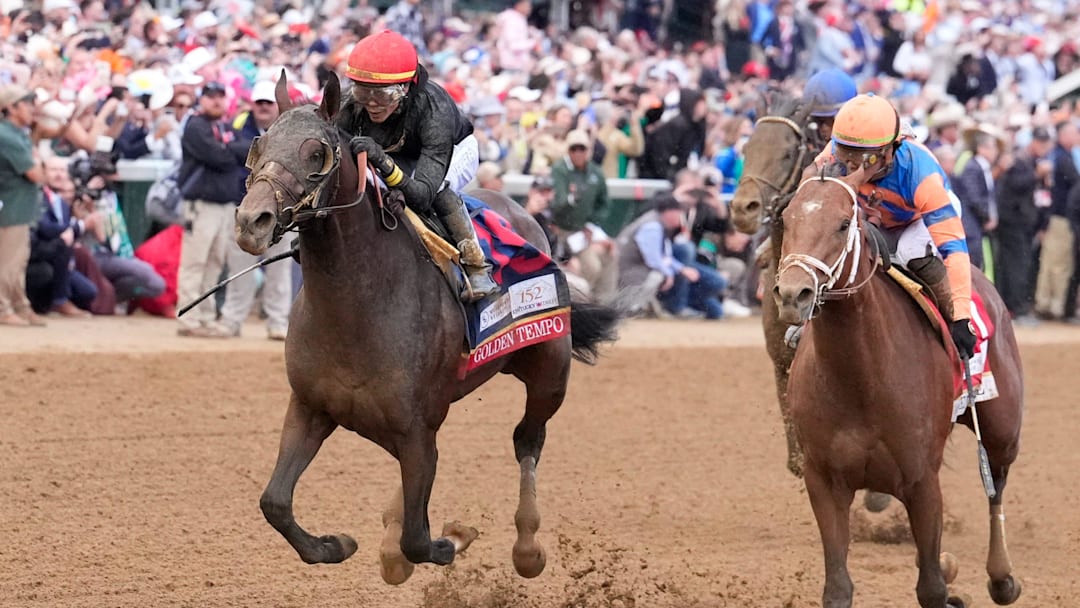 Golden Tempo (left), ridden by jockey José Ortiz, will not race in the Preakness after winning the Kentucky Derby.