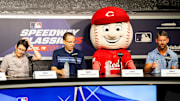 Mascot Mr. Red at Bristol Motor Speedway before MLB Speedway Classic game between the Atlanta Braves and the Cincinnati Reds
