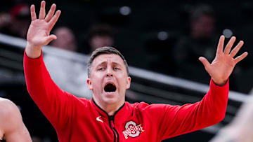 Ohio State Buckeyes head coach Jake Diebler calls a play Wednesday, March 12, 2025, in a first round game at the 2025 TIAA Big Ten Men’s Basketball Tournament between the Iowa Hawkeyes and the Ohio State Buckeyes at Gainbridge Fieldhouse in Indianapolis.