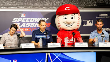 Mascot Mr. Red at Bristol Motor Speedway before MLB Speedway Classic game between the Atlanta Braves and the Cincinnati Reds