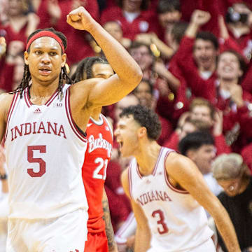 Indiana's Malik Reneau (5) celebrates against Ohio State at Simon Skjodt Assembly Hall.