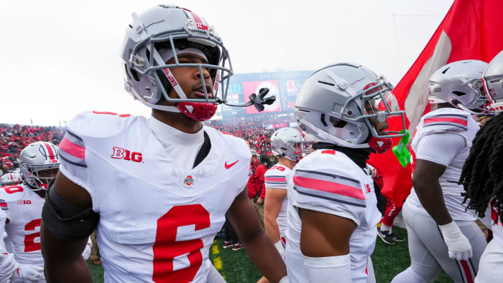 Nov 4, 2023; Piscataway, New Jersey, USA; Ohio State Buckeyes safety Sonny Styles (6) and cornerback Davison Igbinosun (1) take the field prior to the NCAA football game against the Rutgers Scarlet Knights at SHI Stadium. Ohio State won 35-16.