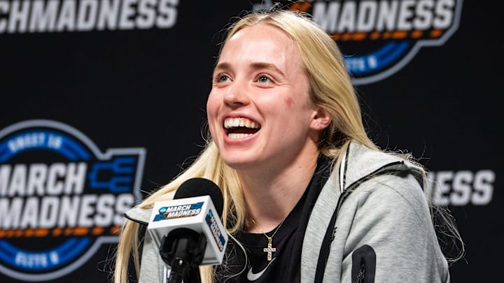 TCU guard Hailey Van Lith (10) speaks to the media during a press conference ahead of the Regional Finals