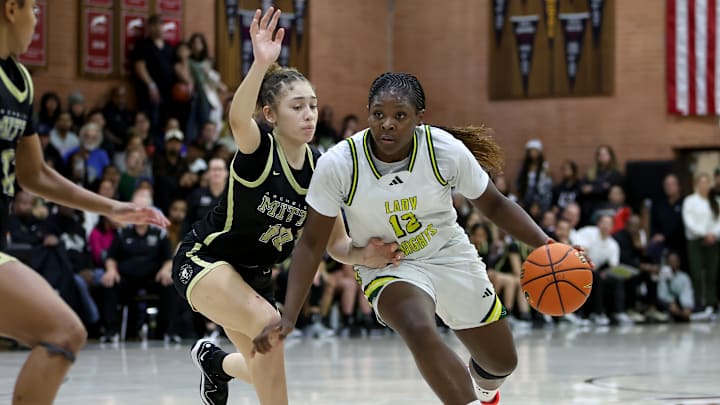 Ontario Christian freshman Tati Griffin drives hard to the basket en route to two of her 14 points, helping the Knights beat Archbishop Mitty 61-44 in the premier game of the 4th Sabrina Ionescu Classic in Concord 1/4/2025