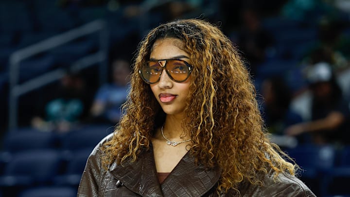 Sep 11, 2025; Chicago, Illinois, USA; Injured Chicago Sky forward Angel Reese (5) stands on the sidelines before a WNBA game against the New York Liberty at Wintrust Arena. Mandatory Credit: Kamil Krzaczynski-Imagn Images