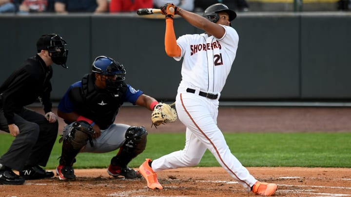 Shorebirds' Samuel Basallo (21) swings in the game against the Cannon Ballers Tuesday, April 11, 2023, at Perdue Stadium in Salisbury, Maryland. The Shorebirds defeated the Cannon Ballers 7-2.

Bbm Delmarva Shorebirds Kannapolis Cannon Ballers