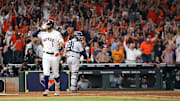 Oct 13, 2019; Houston, TX, USA; Houston Astros shortstop Carlos Correa (1) celebrates after hitting a walk off solo home run off of New York Yankees starting pitcher J.A. Happ (not pictured) during the eleventh inning in game two of the 2019 ALCS playoff baseball series at Minute Maid Park. 