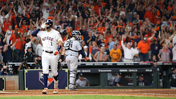 Oct 13, 2019; Houston, TX, USA; Houston Astros shortstop Carlos Correa (1) celebrates after hitting a walk off solo home run off of New York Yankees starting pitcher J.A. Happ (not pictured) during the eleventh inning in game two of the 2019 ALCS playoff baseball series at Minute Maid Park. 