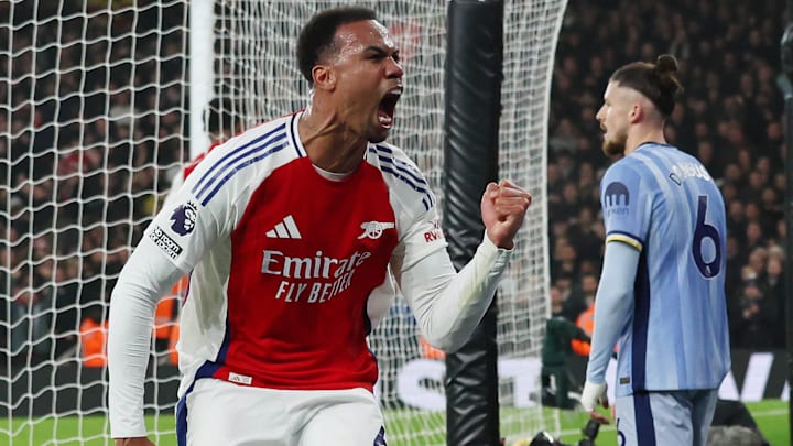 Gabriel (left) celebrates Arsenal's equalizer as Radu Dragusin (right) and Tottenham continue to struggle defending set pieces. Gabriel (left) celebrates Arsenal's equalizer as Radu Dragusin (right) and Tottenham continue to struggle defending set pieces.