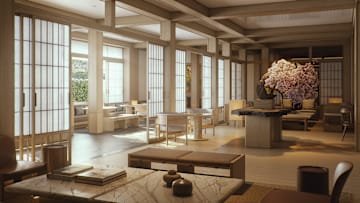 Renderings of the  living lounge of the Capella Kyoto slated to open in Q4 2025