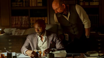 "Pilot" -- Coverage of the CBS Original Series WATSON, scheduled to air on the CBS Television Network. Photo (L-R): Morris Chestnut as Dr. John Watson and Ritchie Coster as Shinwell Johnson Photo: Colin Bentley/CBS ©2024 CBS Broadcasting, Inc. All Rights Reserved.