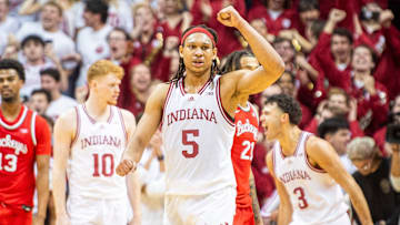 Indiana's Malik Reneau (5) celebrates during the Indiana versus Ohio State men's basketball game at Simon Skjodt Assembly Hall on Saturday, March 8, 2025.